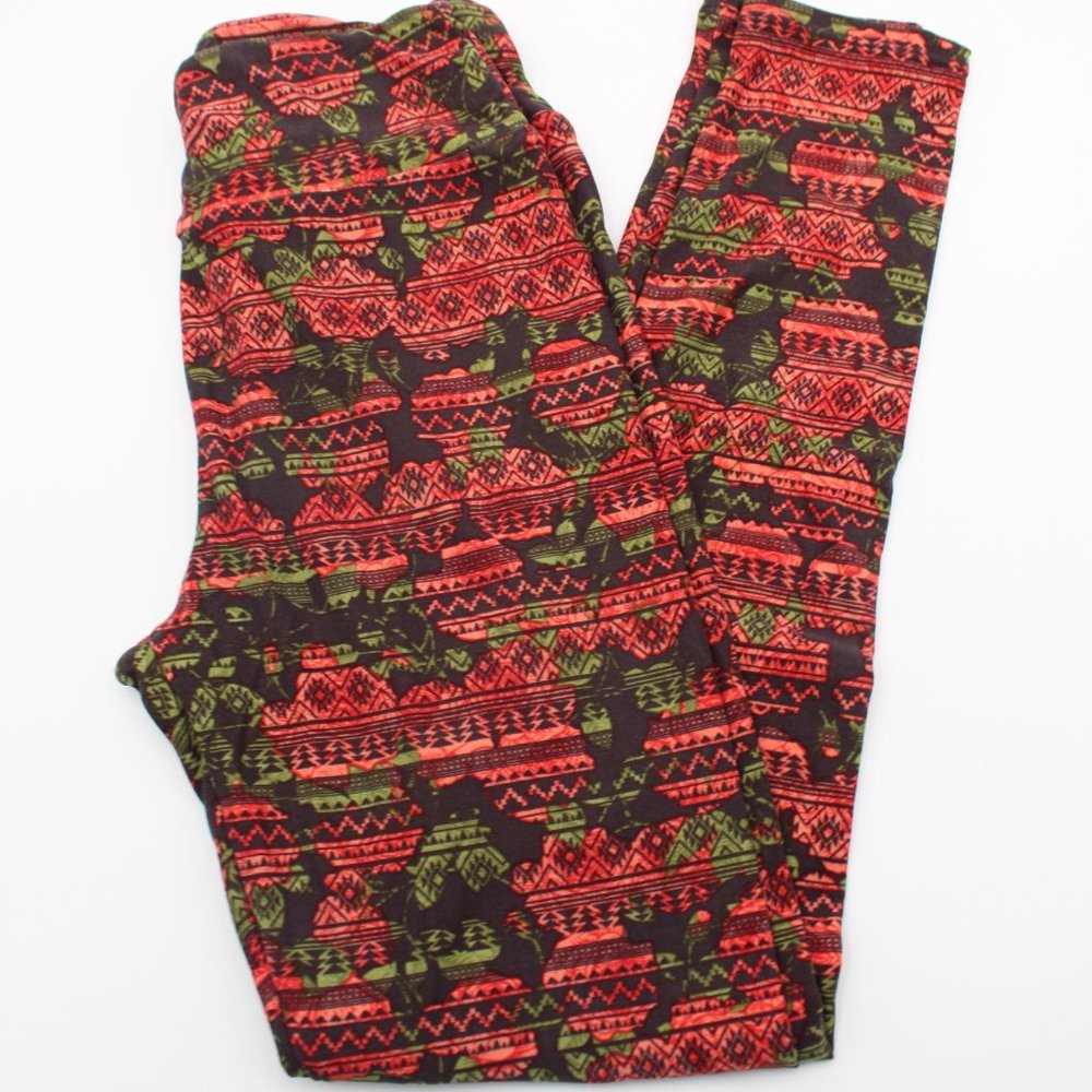 LuLaRoe LLR Leggings One Size OS Buttery Soft & Comfy EUC Red Green Shapes